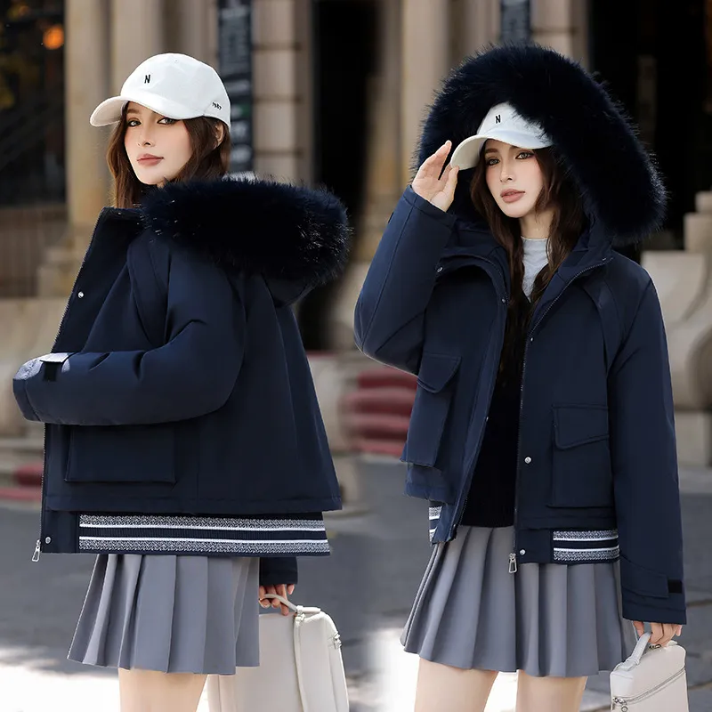 Russian Stitching Jacket Female Thicken Big Fur Collar Cotton Coat Jacket - Dark Blue
