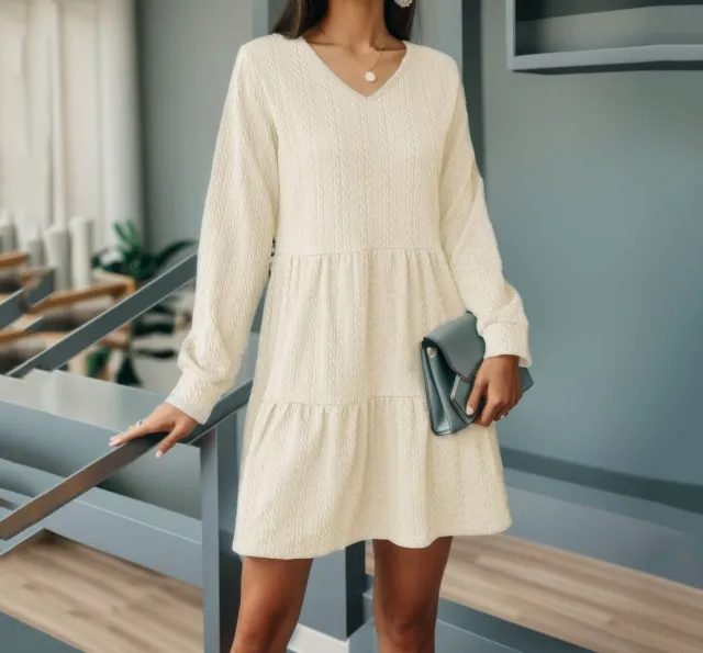 Autumn And Winter European And American Fashion V neck Solid Color Long Sleeve Dress Beige - Shop at LoveMi