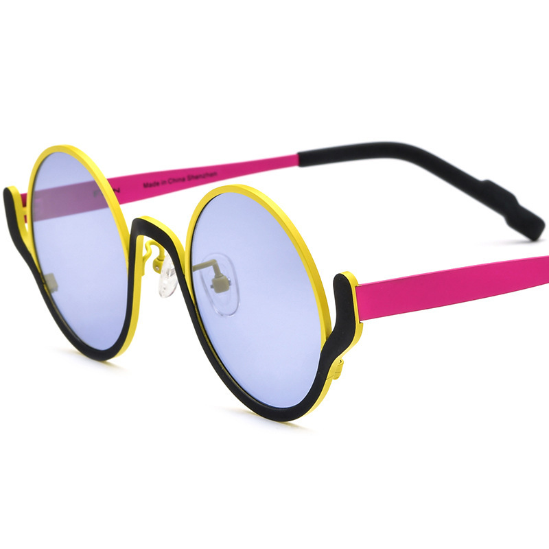 Female Casual Versatile Color Blocked Pure Titanium Round Sunglasses