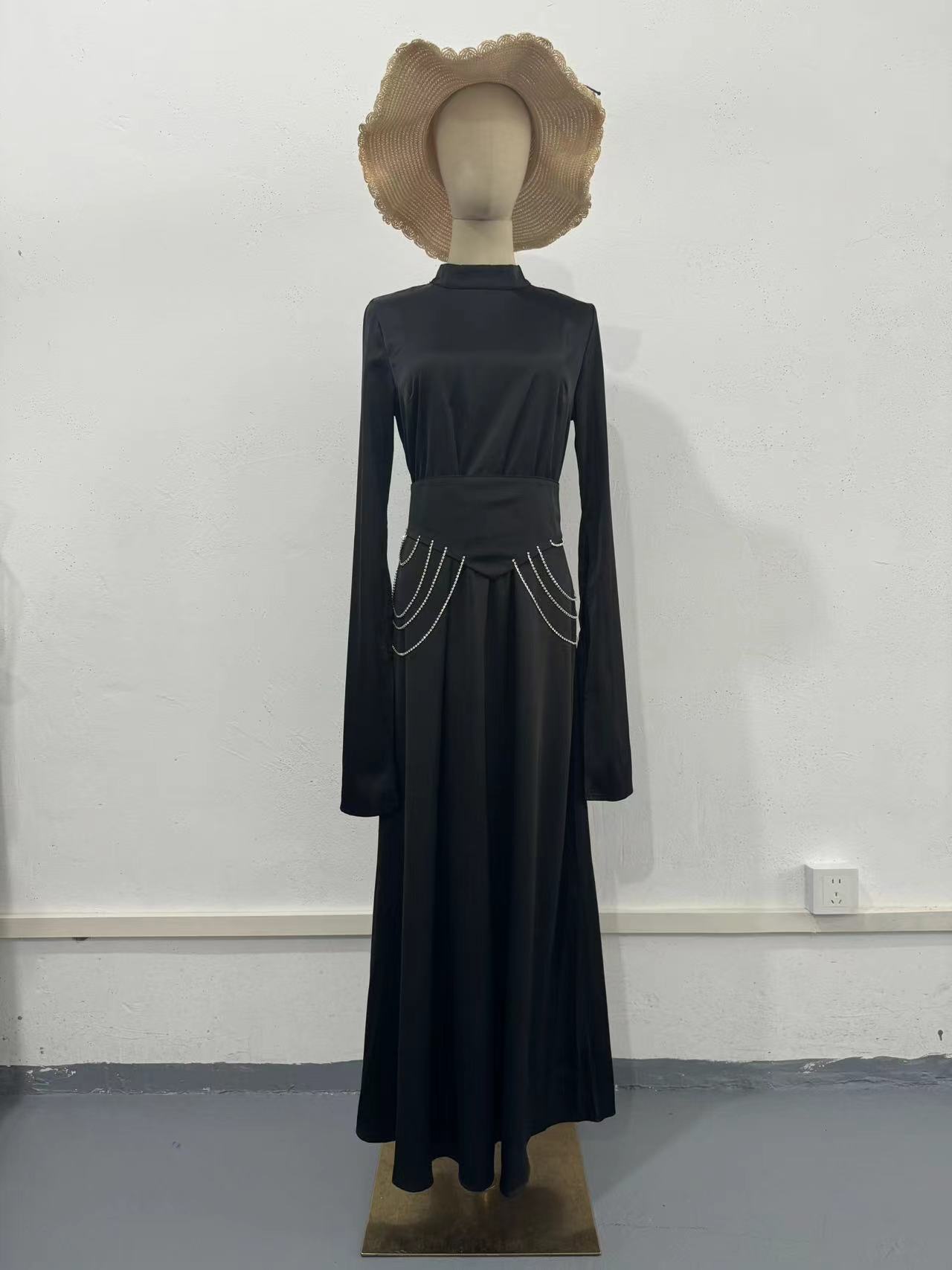 Court Style Satin Waist High Collar Long Sleeve Dress