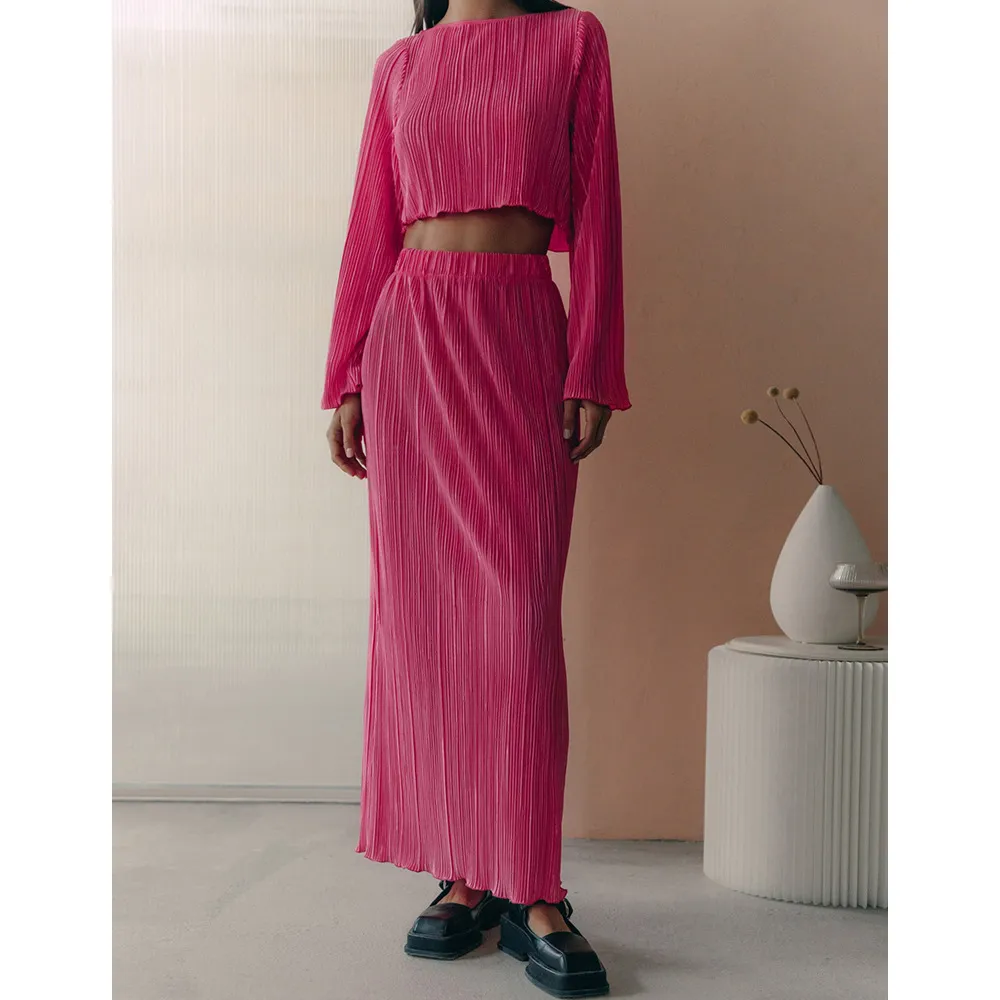 Bell Sleeve Short Top Mid-length Skirt Suit - Rose