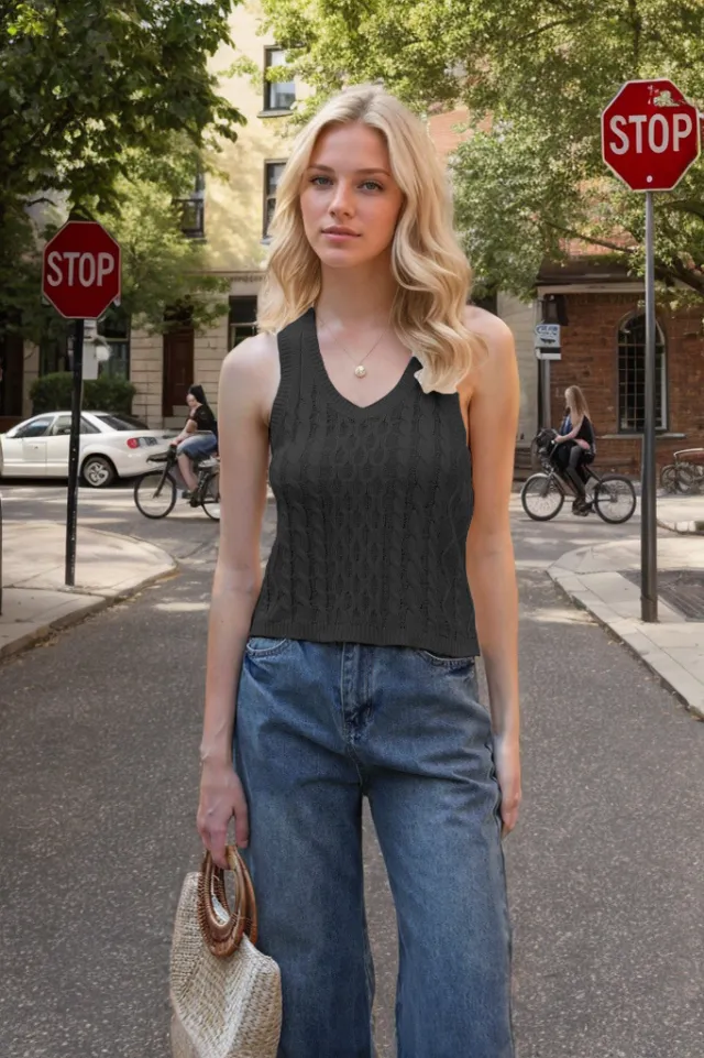 Women's V neck Tank Vest Fashion Casual Knitted Solid Color Tops Black - Shop at LoveMi