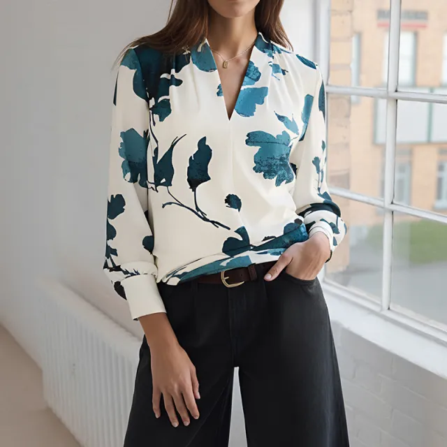 Botanical Print High end V neck Long Sleeve Shirt Tan - Shop at LoveMi