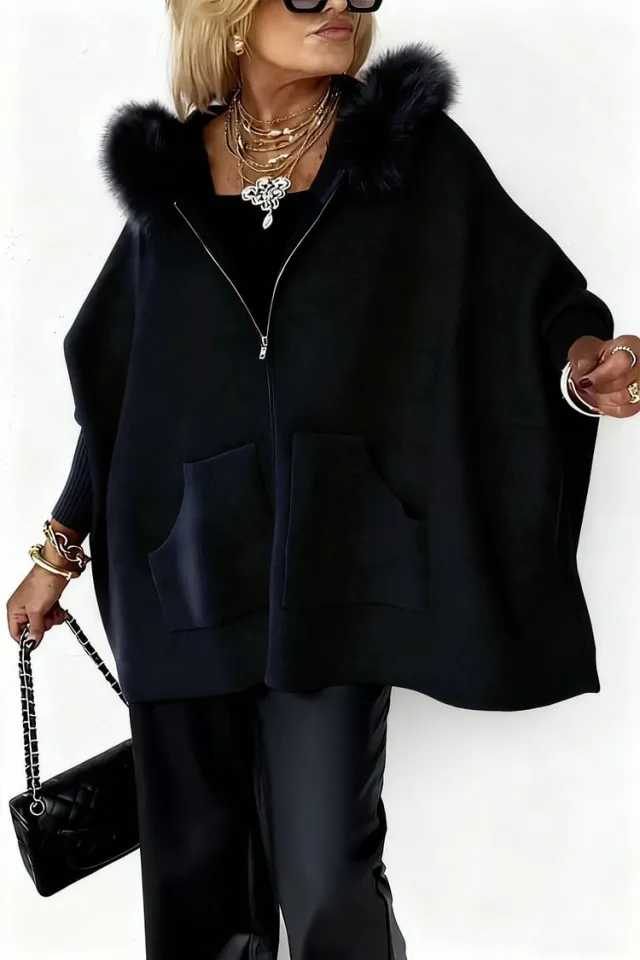 Ins Plush Hooded Cardigan Fashion Warm Pockets Zip up Knitted Jacket Casual Outerwear Batwing Sleeve Sweater Women's Clothing Black - Shop at LoveMi