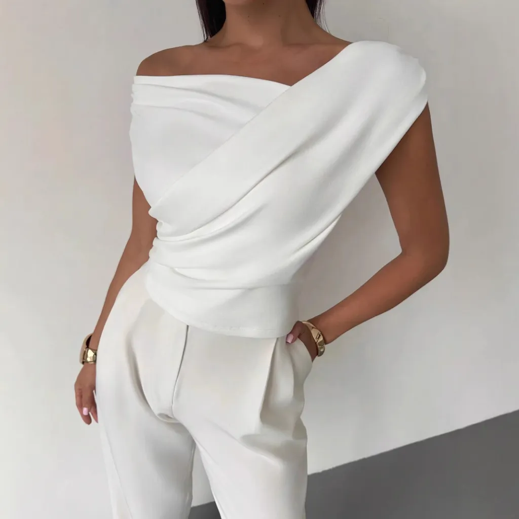 Fashion Personality Solid Color Sleeveless T-shirt For Women - White
