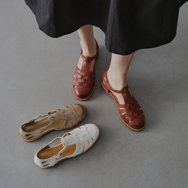 Womens Casual Hollowed-out First-layer Washed Leather Round-toe Sandals