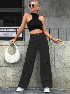 Women's Fashion Holes High Waist Casual Denim Trousers - Grey - View 1