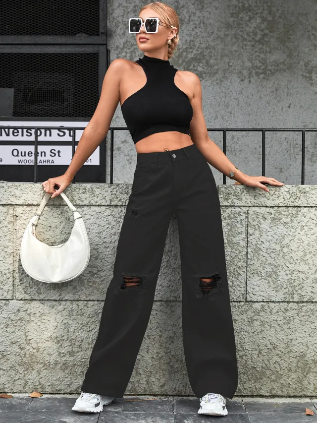 Women's Fashion Holes High Waist Casual Denim Trousers Gray - Shop at LoveMi