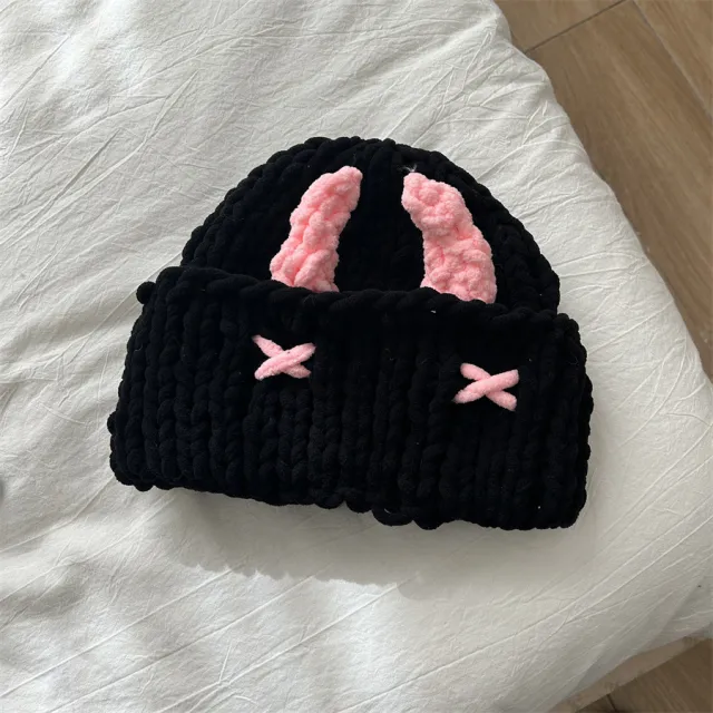 Wool Hat Cute Little Devil Mask Horn Hood Thickened Warm Knitted Hat Sweet Cool Style Autumn And Winter Light Pink - Shop at LoveMi