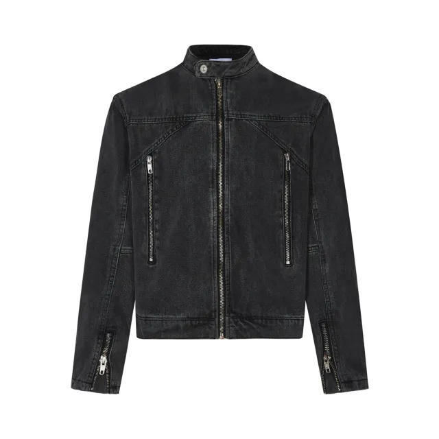 Women's Washed Distressed Half Turtleneck Zipper Denim Coat Black - Shop at LoveMi