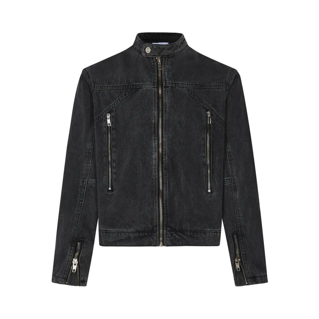 Women's Washed Distressed Half Turtleneck Zipper Denim Coat - Black