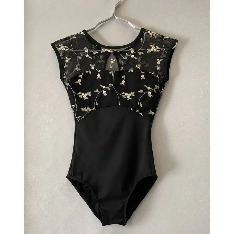 Ballet Practice Clothes Gym Outfit Women's Embroidered Jumpsuit - Black Without Skirt