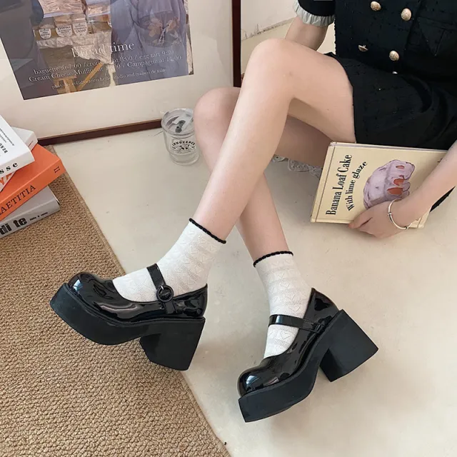 Women's Black Chunky Heel Elevator Wild Vintage Leather Shoes Black - Shop at LoveMi