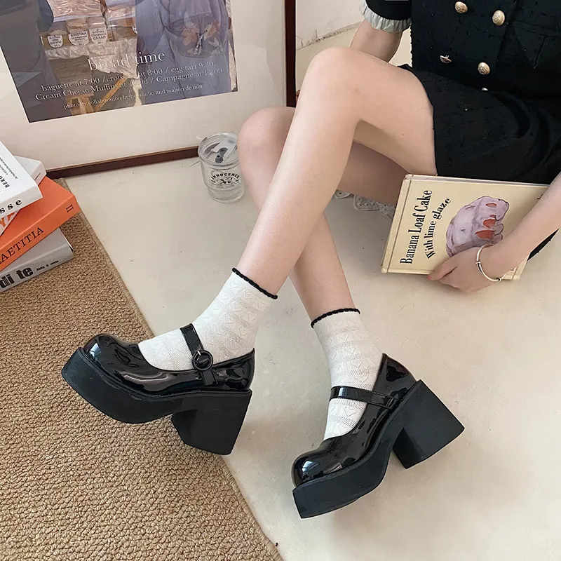 Women's Black Chunky Heel Elevator Wild Vintage Leather Shoes - Black