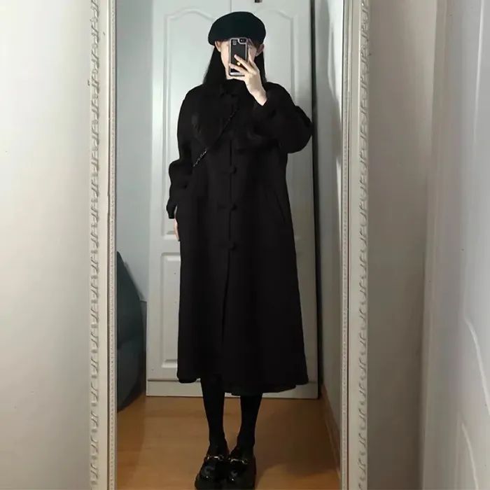 Petite Hepburn Style Mid-length Woolen Coat - Black
