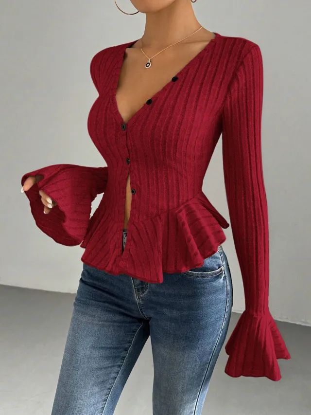 European And American Elegant Style Autumn And Winter New V neck Ruffled Slim Temperament Top Red - Shop at LoveMi