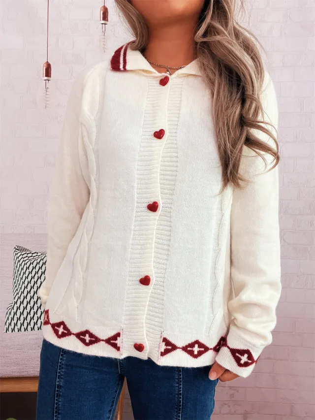 Retro Pattern Cute Love Button Lapel Long Sleeve Sweater White - Shop at LoveMi