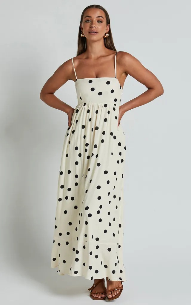 U collar Tight Waist Large Skirt Polka Dot Print Dress Ivory - Shop at LoveMi