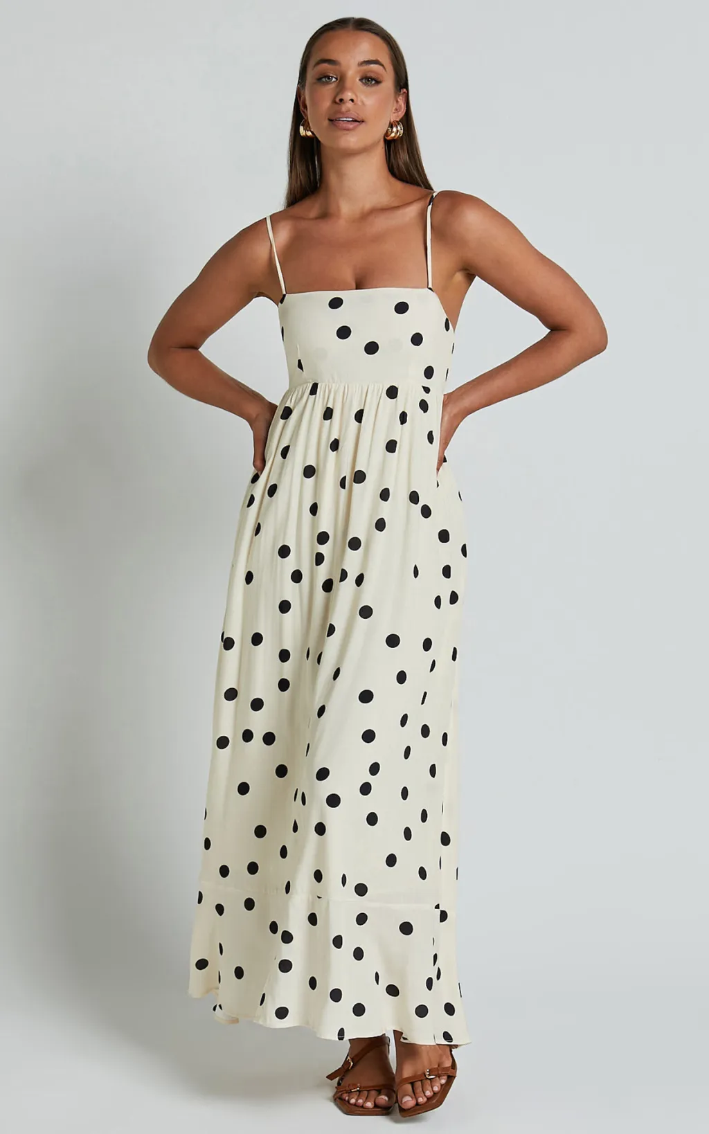 U-collar Tight Waist Large Skirt Polka Dot Print Dress - Ivory White