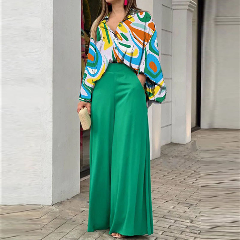 Loose And Elegant Casual Printed Shirt Top Wide Leg Pants Fashion Suit - Image 5