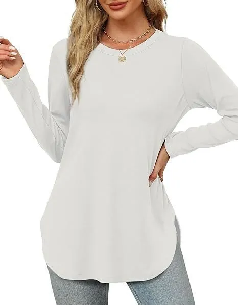 Solid Color Long-sleeved Top Round Neck Loose Casual Bottoming Shirt - White
