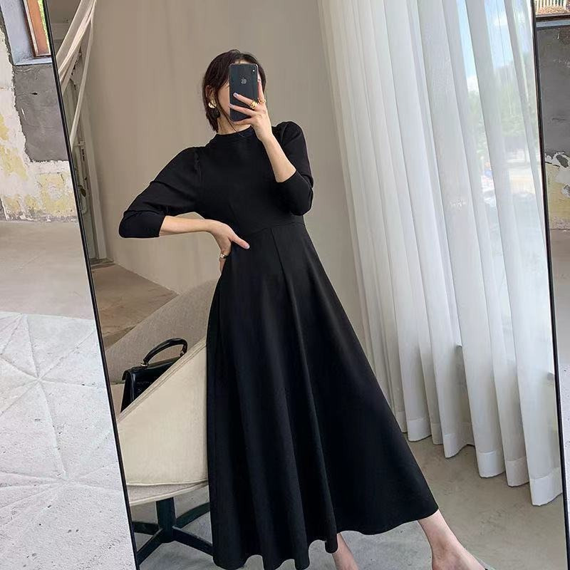 Womens Solid-Color Casual Long-Sleeve Swing Dress