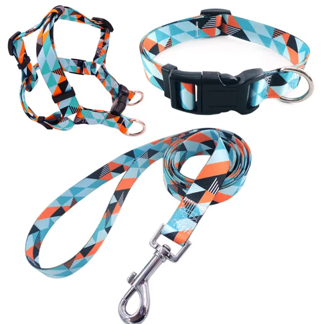 Pet Printing Collar Rope Chest Strap Traction Three piece Set Fresh Geometry - Shop at LoveMi