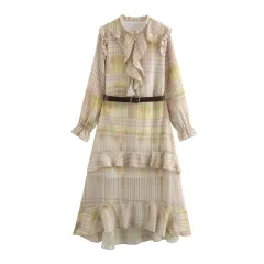 Women's Clothing With Belt Printed Checks Mid-length Dress - View 1