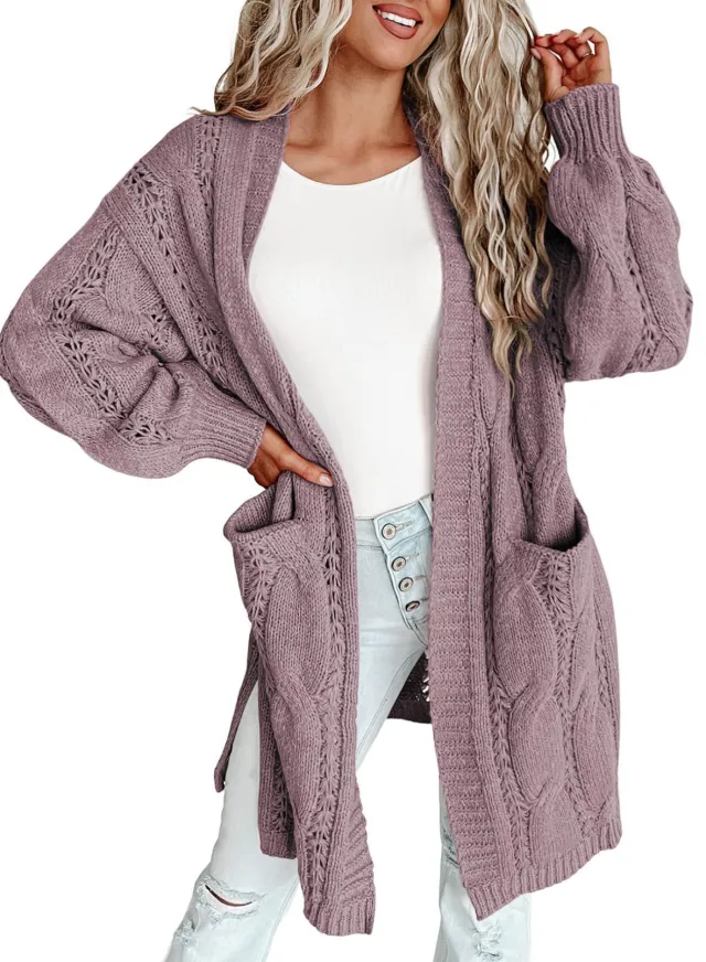 Autumn And Winter European And American Style Women Long Cardigan Long Sleeve Sweater With Pockets Purple - Shop at LoveMi