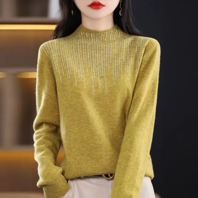Women's Diamond embedded Half turtleneck Wool Sweater Bottoming Shirt Mustard Yellow - Shop at LoveMi
