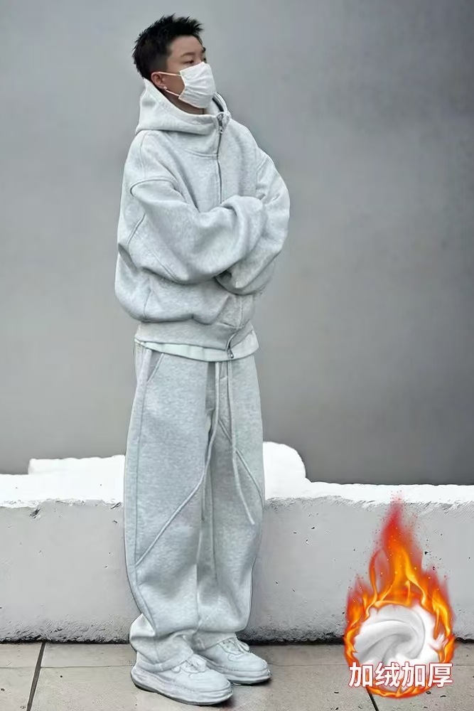 Autumn Winter Fleece-Lined Extra-Thick Men's Set Hoodie And Sweatpants - Image 4