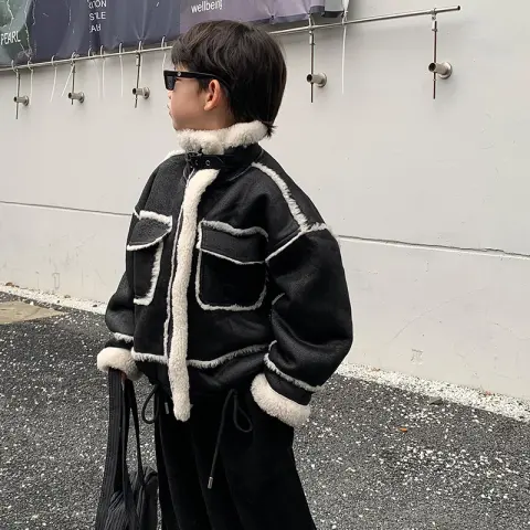 Boy's Leather Jacket Fleece Padded Coat Autumn and Winter