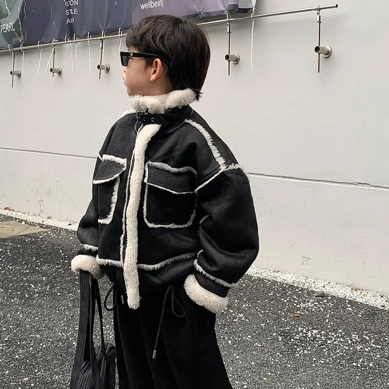 Boy's Leather Jacket Fleece Padded Coat Autumn and Winter