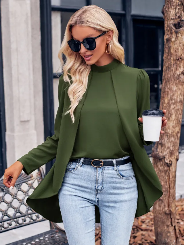 European And American Autumn And Winter Leisure Trendy Pure Color Half Collar Long Sleeve False two piece Shirt Army Green - Shop at LoveMi