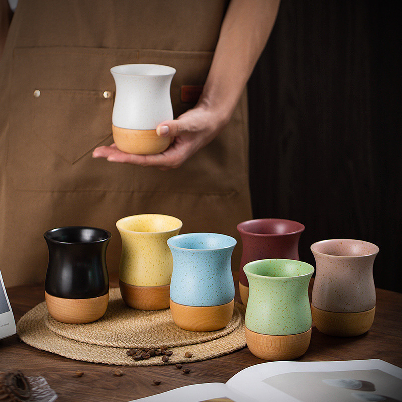 Retro Solid Wood Base Stoneware Coffee Cup
