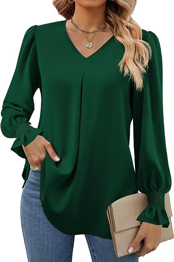 Women's Fashion Casual Solid Color Chiffon Shirt V-neck Long Sleeve Top - Image 4