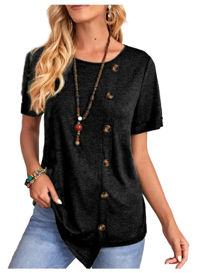 Round Neck Button Irregular Hem Short Sleeve T shirt Black - Shop at LoveMi