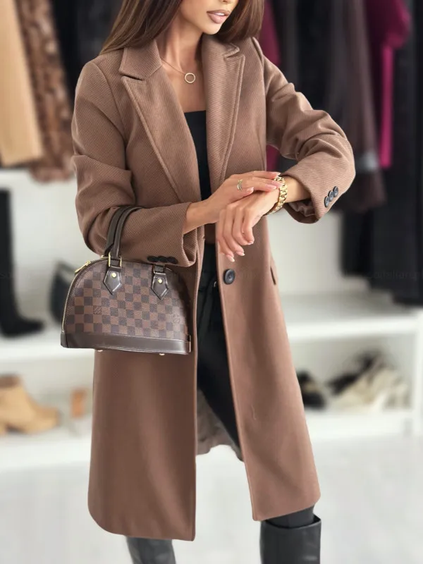 Lapel Single breasted Wool Coat Winter Long Sleeve Solid Color Long Jacket Women Clothing Brown - Shop at LoveMi