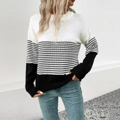 Winter New European And American Women's Clothing Striped Contrast Color Sweater - Black And White - View 1