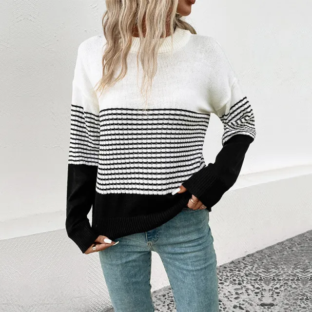 Winter New European And American Women's Clothing Striped Contrast Color Sweater Black And White - Shop at LoveMi