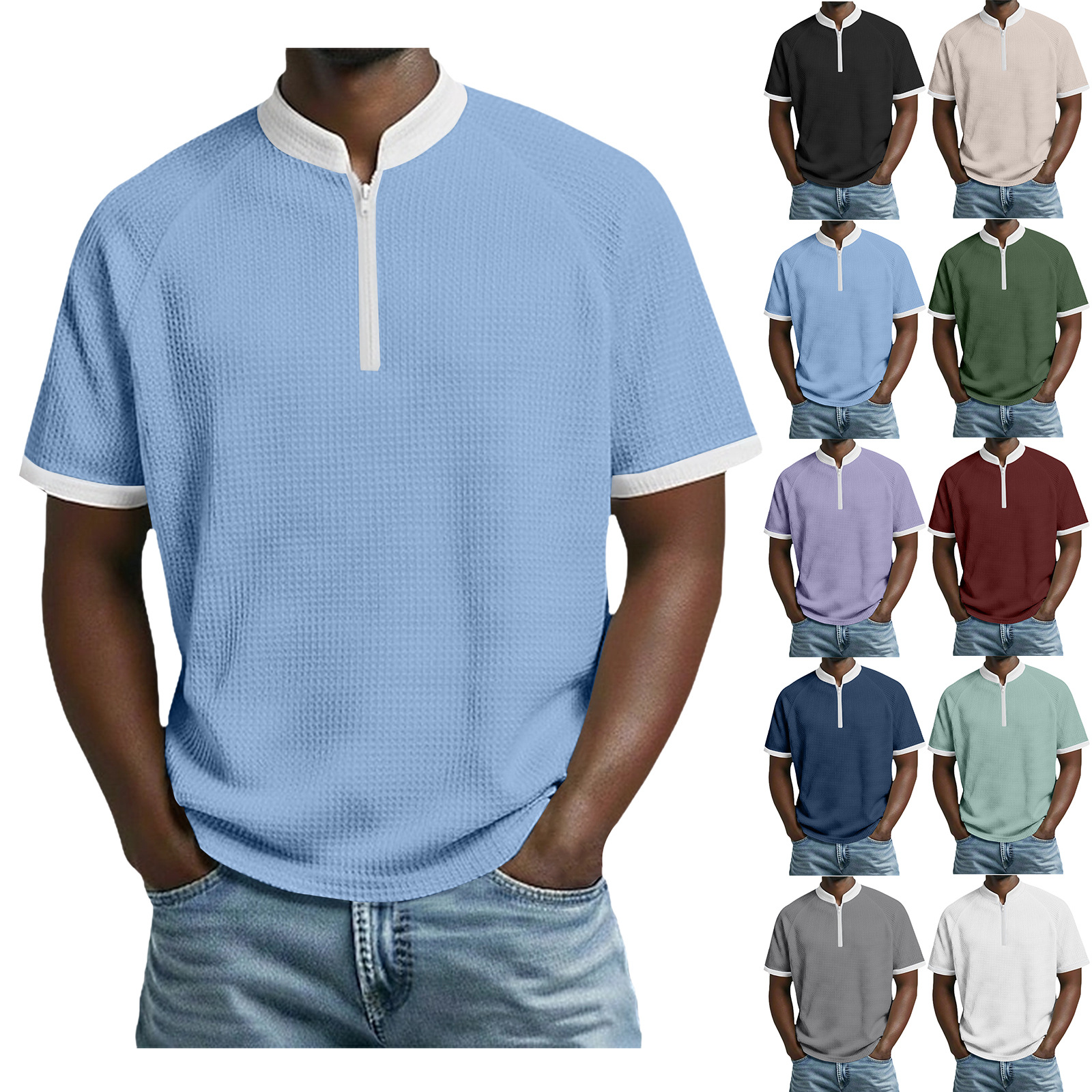 Mens Stand-Neck Short-Sleeve Polo Shirt Contrasting-Color Sports T-Shirt