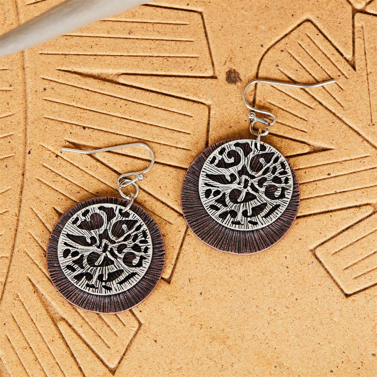 Vintage Round Two-tone Hammered Pendant Earrings