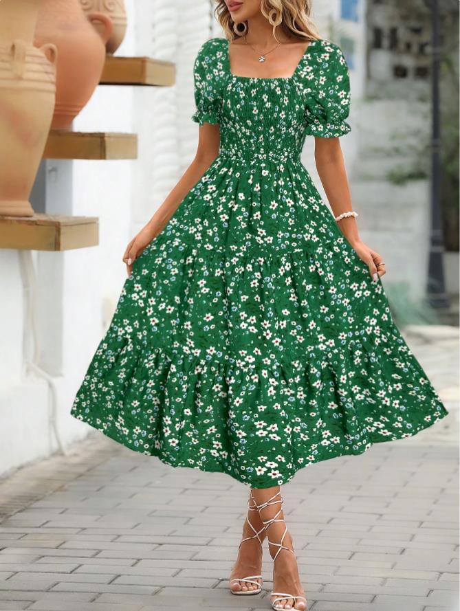 Printed Square Collar Waist tight Puff Sleeve Layered Dress Green Flower - Shop at LoveMi