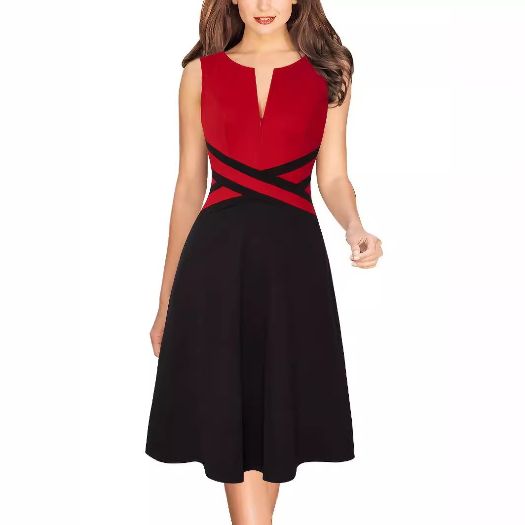 Color-block Elegant Vintage Casual Womens Dress