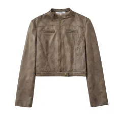 Retro Distressed Short Jacket Women's Slim Stand Collar Faux Deerskin - Brown - View 1