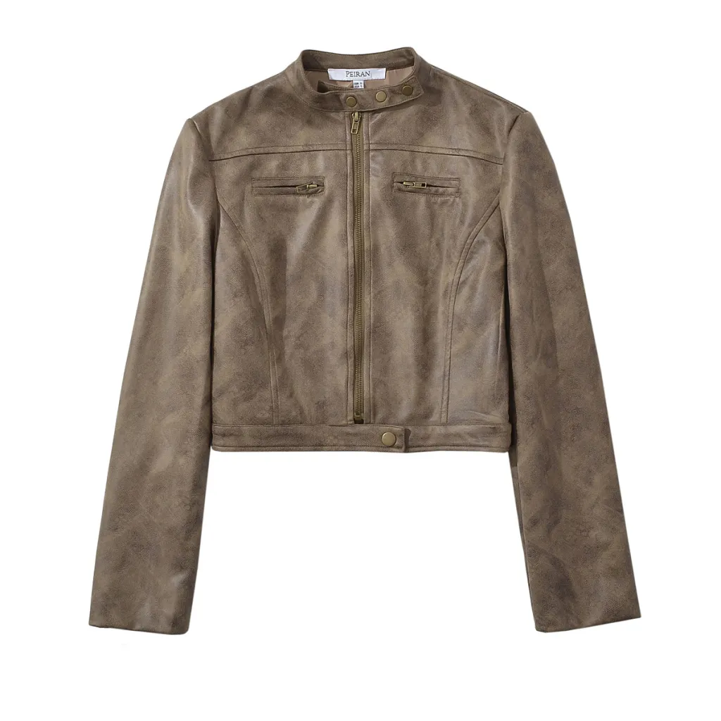 Retro Distressed Short Jacket Women's Slim Stand Collar Faux Deerskin - Tan