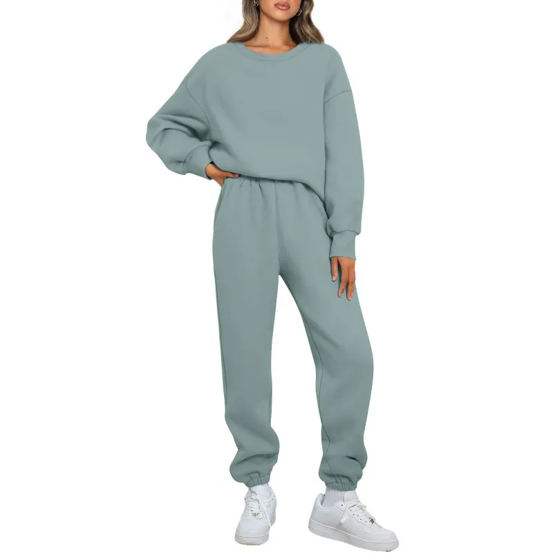 Winter Solid-color Fashionable Crew-neck Pullover With Fleece Lining - Green