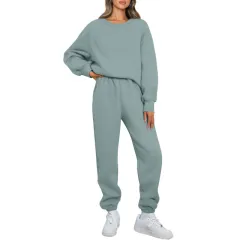 Winter Solid-color Fashionable Crew-neck Pullover With Fleece Lining - Green - View 1