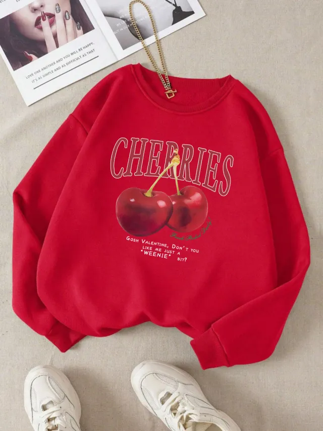 Fashion Women's Sweatshirt Fresh Red Cherry Printed Sweater Red - Shop at LoveMi