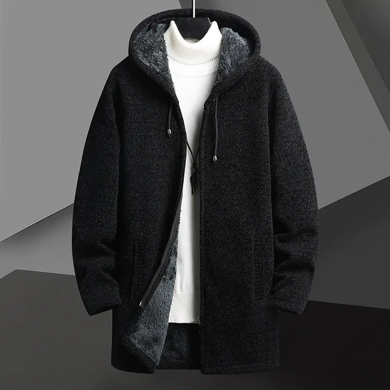 Fall Winter Men Fleece-lined Mid-length Zipper Hooded Sweater Cardigan